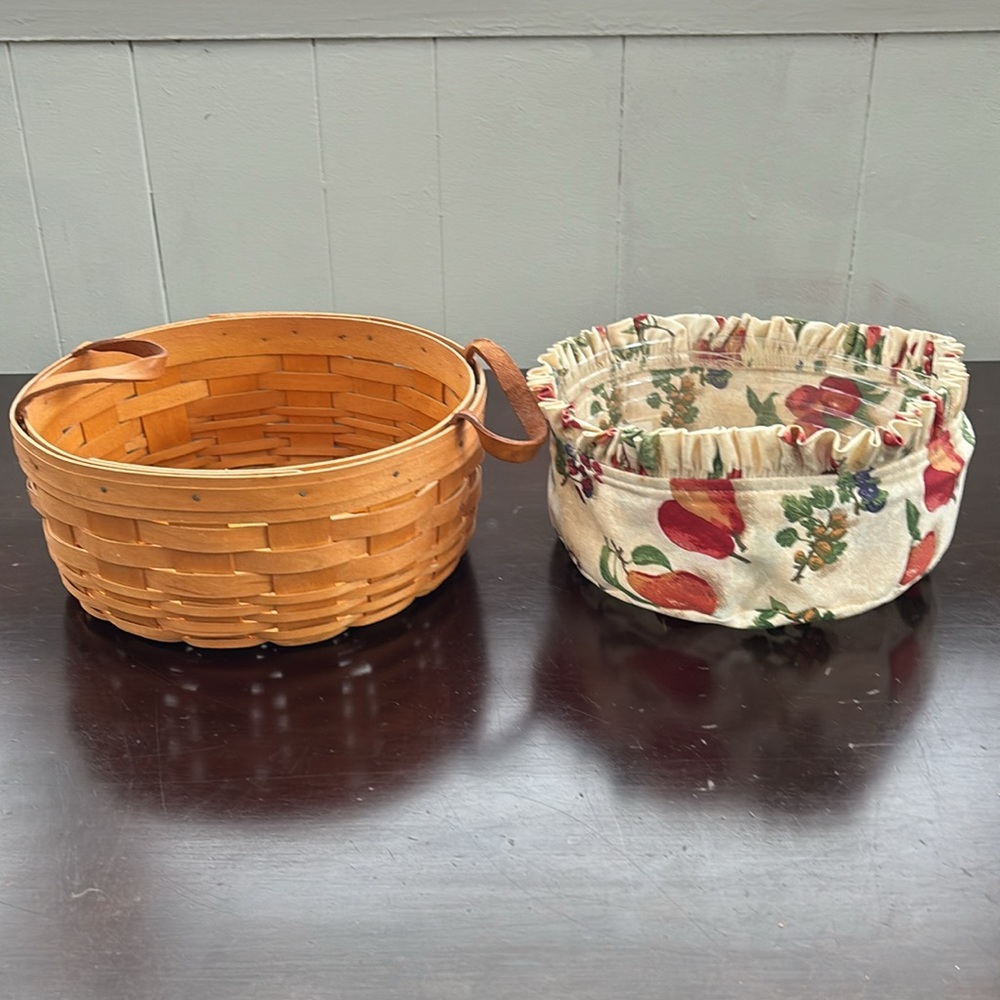 Longaberger Vintage 1999 Large Round Basket +Fruit Medley Liner +Liner Protector